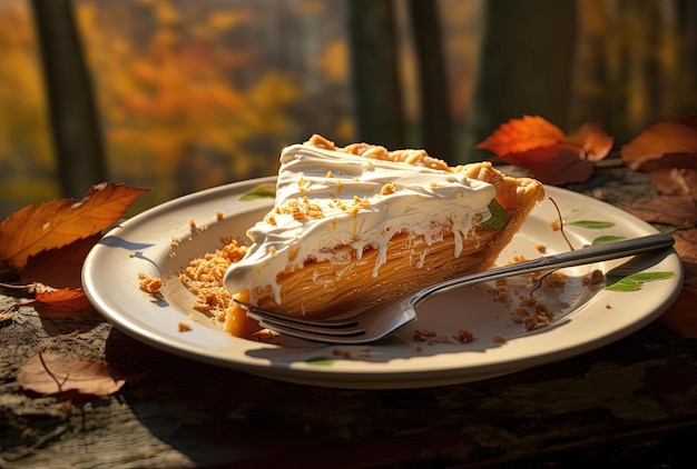 torta affettata su un piatto bianco davanti al fogliame autunnale nello stile di Jeffrey T