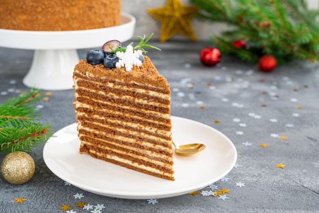 Torta al cioccolato al miele decorata con mirtilli rosmarino e fiocchi di neve di zucchero Torta per Natale