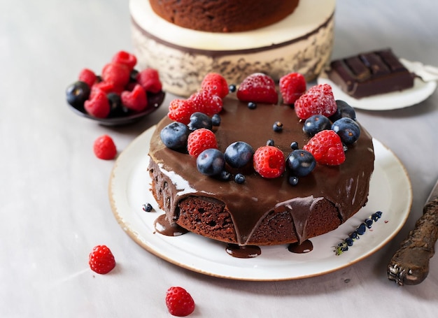 Torta al cioccolato con bacche e spazio di copia