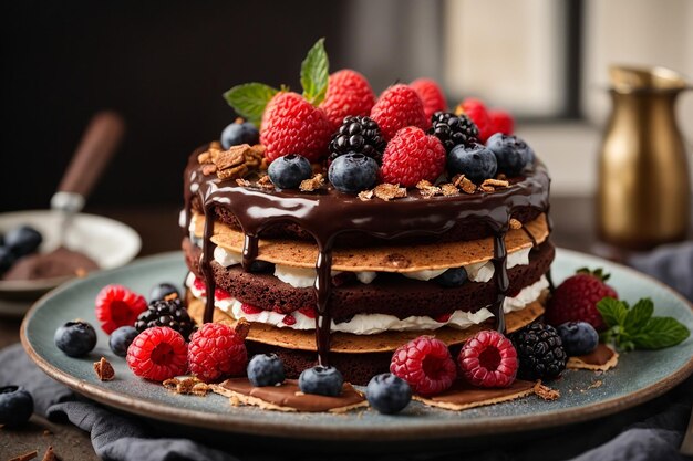 Torta al cioccolato con bacche e waffle croccanti