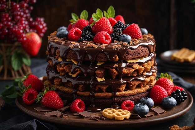 Torta al cioccolato con bacche e waffle croccanti