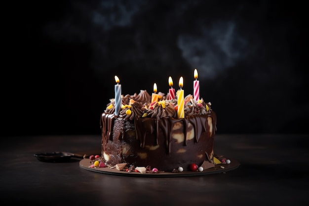 Torta al cioccolato con candele accese su sfondo nero.