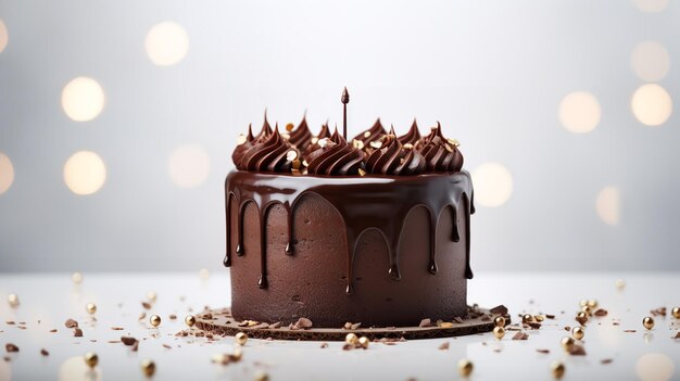 Torta al cioccolato con candele e ganache al cioccolato su sfondo bianco AI generativa