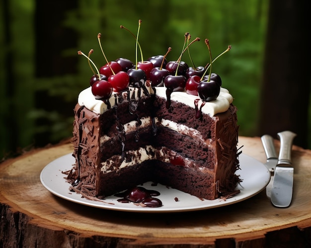 Torta al cioccolato con ciliegie su uno sfondo di legno Tonato