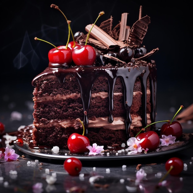 Torta al cioccolato con ciliegina e salsa al cioccolate