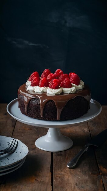 Torta al cioccolato con crema di formaggio bianca decorata con ganache e lamponi su un poliziotto bianco