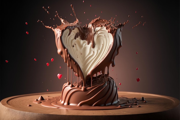 Torta al cioccolato con crema e glassa sopra un tavolo di legno ai generativo