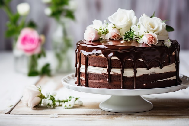 Torta al cioccolato con fiori sul basamento della torta sulla tavola di legno bianca