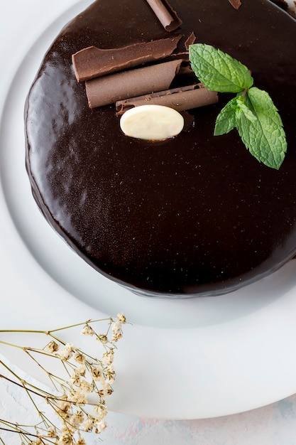 Torta al cioccolato con foglie di menta