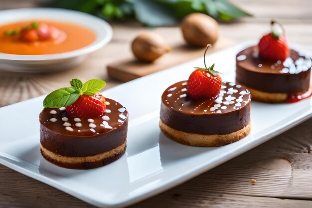 Torta al cioccolato con fragole su un piatto bianco con una fragola in cima.