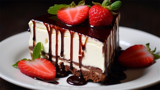 Torta al cioccolato con fragole su un piatto bianco su un tavolo di legno