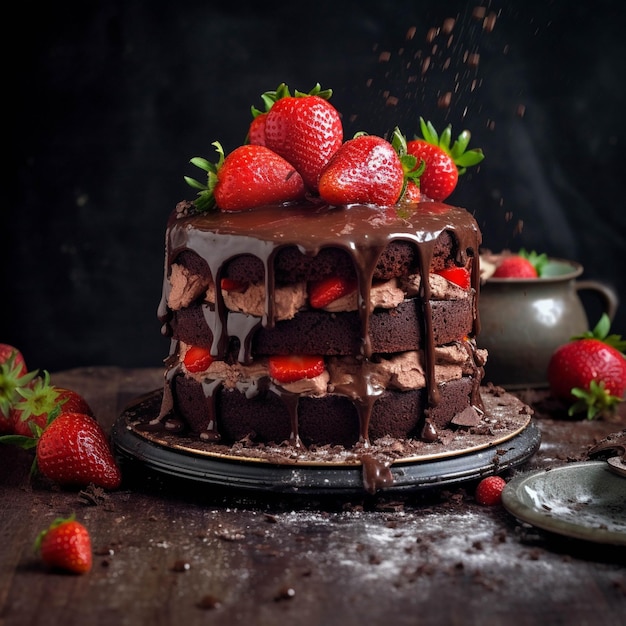 Torta al cioccolato con fragole su uno sfondo scuro Focalizzazione selettiva