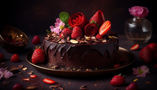 Torta al cioccolato con frutti di bosco, fragole e ciliegie in cima Torta AI generativa su sfondo marrone scuro