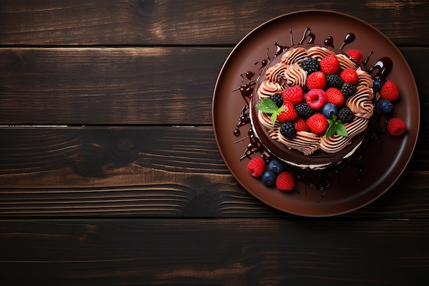 Torta al cioccolato con frutti di bosco freschi sulla piastra sulla tavola di legno