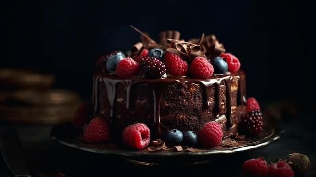 Torta al cioccolato con frutti di bosco IA generativa