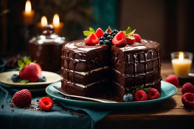 Torta al cioccolato con frutti di bosco su una tavola di legno