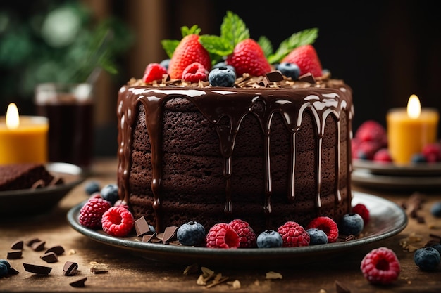 Torta al cioccolato con frutti di bosco su una tavola di legno