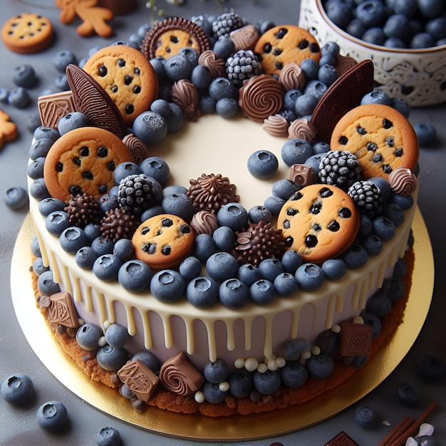 Torta al cioccolato con glassa decorata con frutta fresca e biscotti