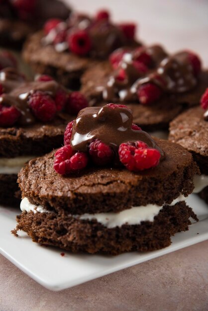 Torta al cioccolato con lamponi su sfondo bianco