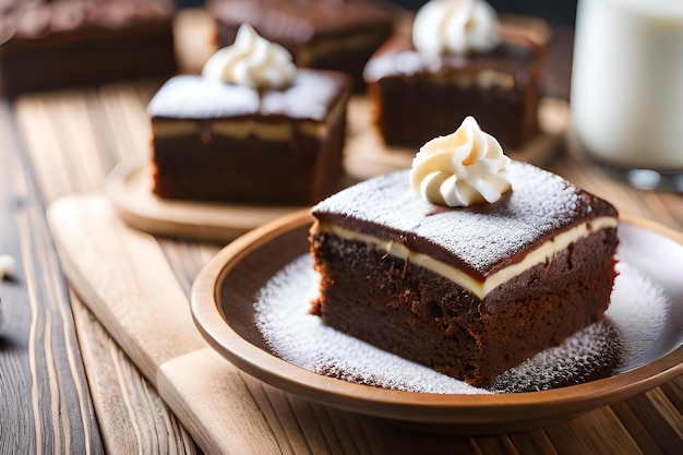 Torta al cioccolato con panna e panna su un piatto