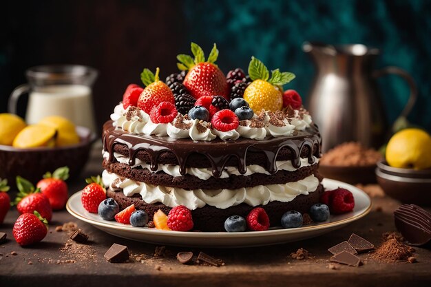 Torta al cioccolato con panna montata e frutta