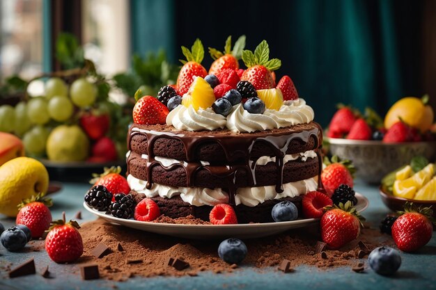 Torta al cioccolato con panna montata e frutta