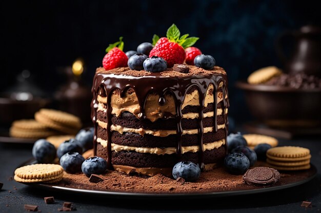 Torta al cioccolato con rivestimento di cioccolate liquido decorata con biscotti e mirtilli su uno sfondo nero ai generativo