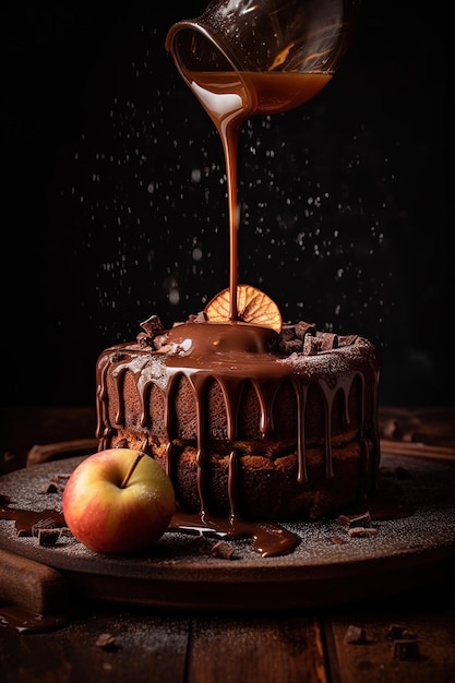 Torta al cioccolato con salsa di cioccolata calda che si versa sopra IA generativa