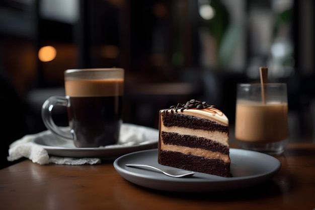 torta al cioccolato con tazza di caffè in vetro sul tavolino del bar Rete neurale generata nel maggio 2023 Non basata su scene o schemi reali