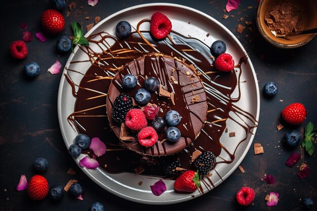 Torta al cioccolato decadente con Ganache Drizzle Flat Lay Shot Generative AI