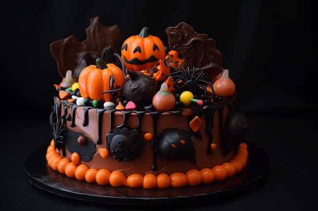 Torta al cioccolato decorata con caramelle a tema Halloween