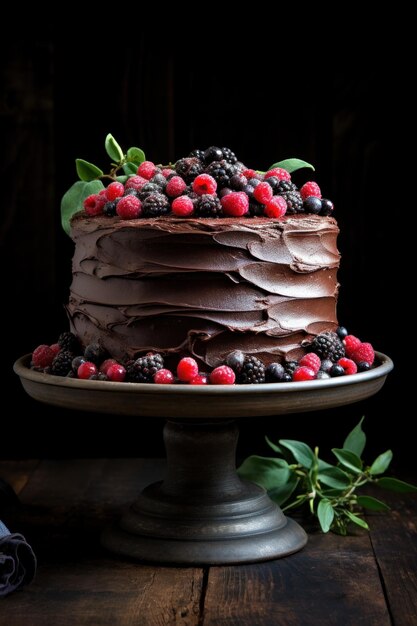 torta al cioccolato decorata con lamponi alla fragola sullo sfondo del tavolo in legno scuro