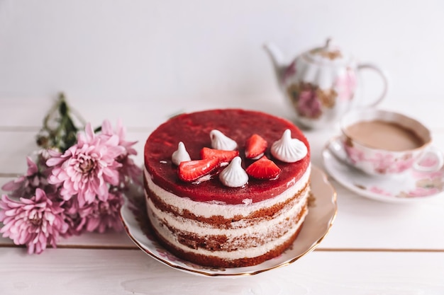 Torta al cioccolato e yogurt alla fragola decorata con frutta fresca su tavola di legno Deliziosa e dolce torta alla fragola rosa per San Valentino o festa di compleanno Concetto di panetteria fatta in casa