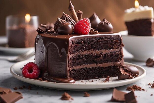 Torta al cioccolato in primo piano sullo sfondo della celebrazione dessert al cioccolate AI generativa