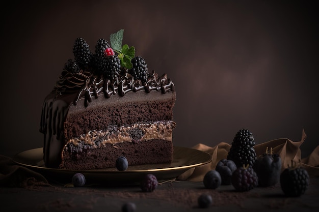 Torta al cioccolato marrone con illustrazione di bacche di gelso IA generativa