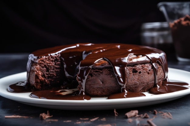 Torta al cioccolato senza farina che trasuda una ricca e vellutata ganache al cioccolato creata con l'IA generativa