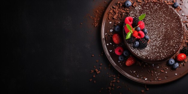 Torta al cioccolato su sfondo scuro vista dall'alto spazio copia Cioccolato classico fatto in casa AI generativa