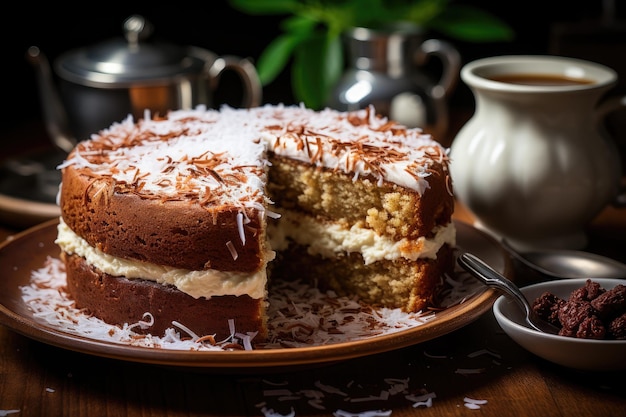 Torta al cocco con cocco grattugiato nella tavola rustica generativa IA