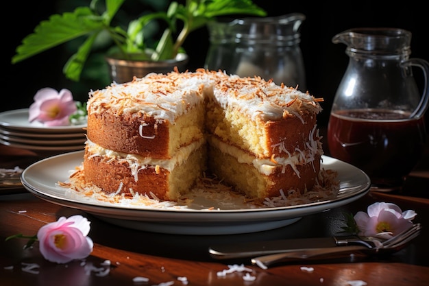 Torta al cocco con cocco grattugiato nella tavola rustica generativa IA