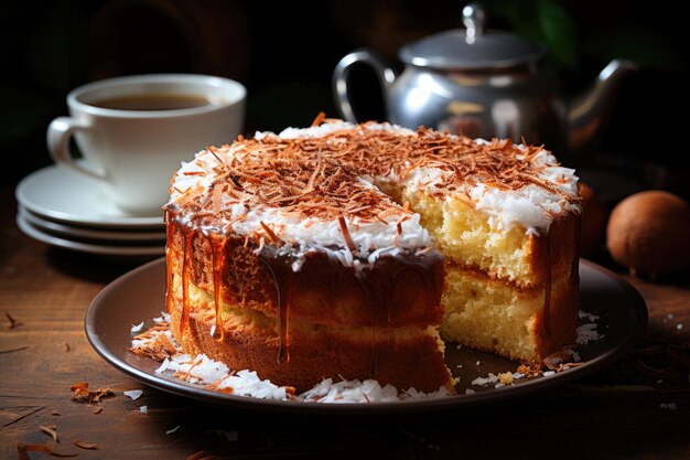 Torta al cocco con cocco grattugiato nella tavola rustica generativa IA