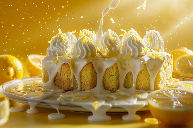 Torta al limone appena fatta con panna montata e glassa di agrumi contro un giallo vibrante