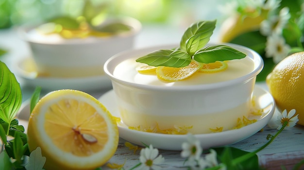 Torta al limone Posset con foglie di basilico agrumi e erbe Closeup bokeh sullo sfondo