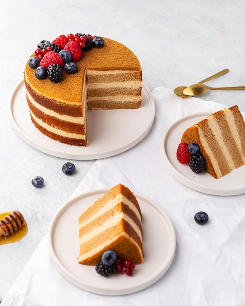 Torta al miele con strati e crema pasticcera sulla piastra vista ingrandita Fetta di deliziosa torta Medovik