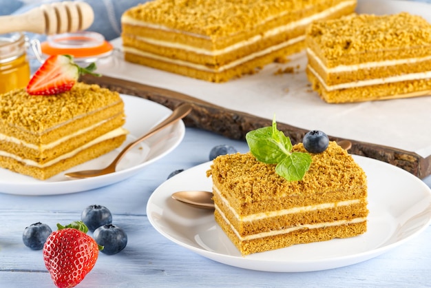 Torta al miele fatta in casa Torta al miele Torta a strati Medovik su piastra bianca Vista in primo piano