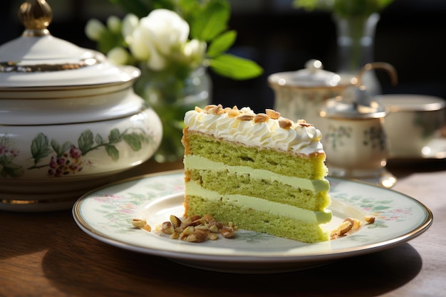 Torta al pistacchio con copertura verde e tè generativo IA