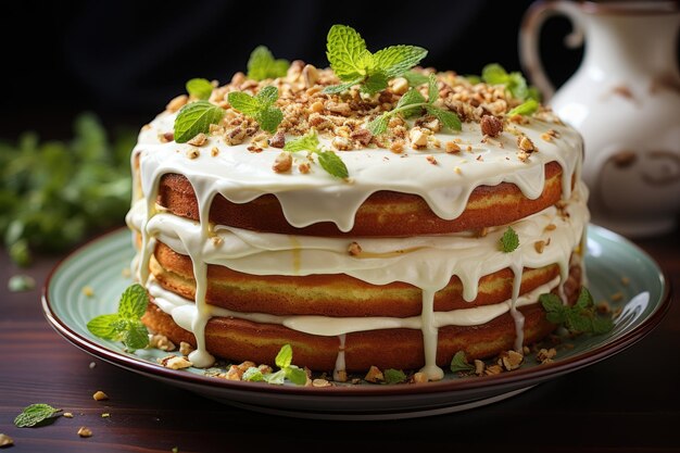 Torta al pistacchio con crema decorata con foglie verdi generative IA