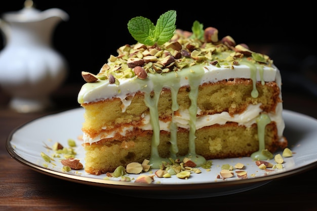 Torta al pistacchio con crema decorata con foglie verdi generative IA