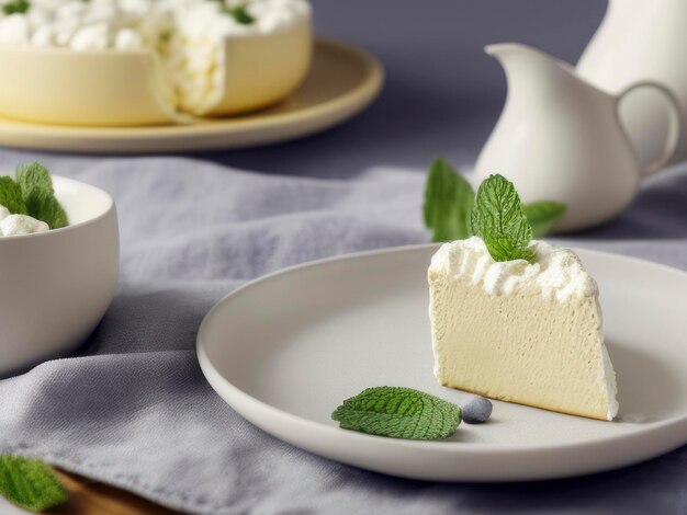 Torta alla crema di cheesecake alla vaniglia decorata con menta mirtillo sulla composizione di tovagliolo grigio piastra bianca