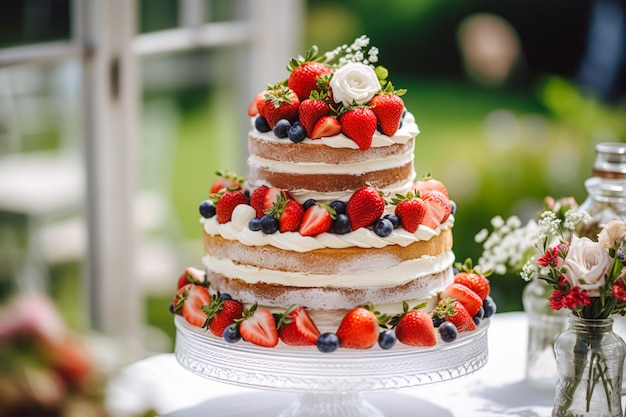 Torta alla fragola per matrimonio, compleanno e festa, celebrazione, vacanza, dessert, evento, ristorazione, stile cottage di campagna, post-elaborata, generativa ai