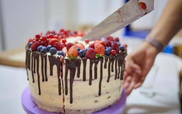 Torta alle fragole con cioccolato e panna montata